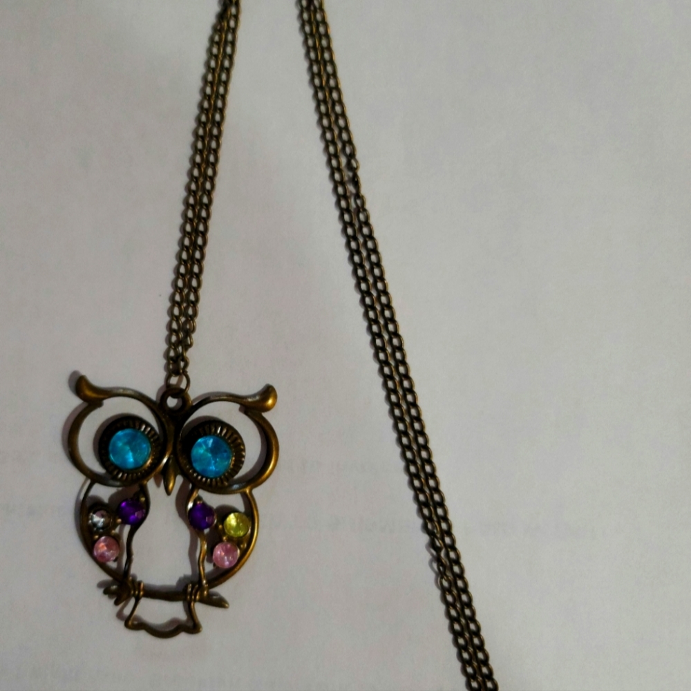 ESTATE FIND VINTAGE  OWL LOVERS UNISEX PENDANT XTRA LONG CHAIN NECKLACE